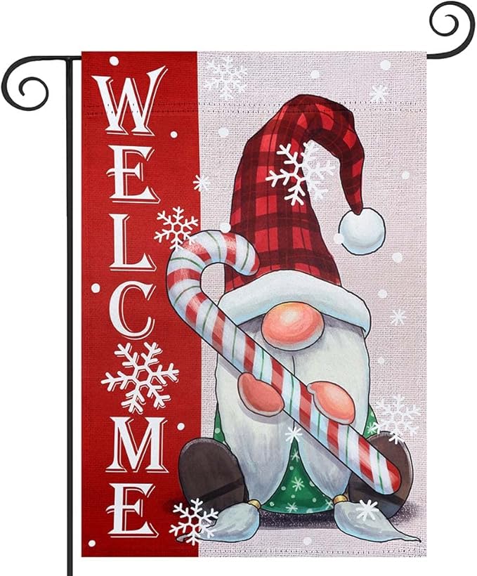 hogardeck Welcome Christmas Garden Flag, Gnome & Candy Polyester Outdoor Christmas Decorations, 12x18 Inch Vertical Double Sided Yard Flag, Snowflake Xmas Decor