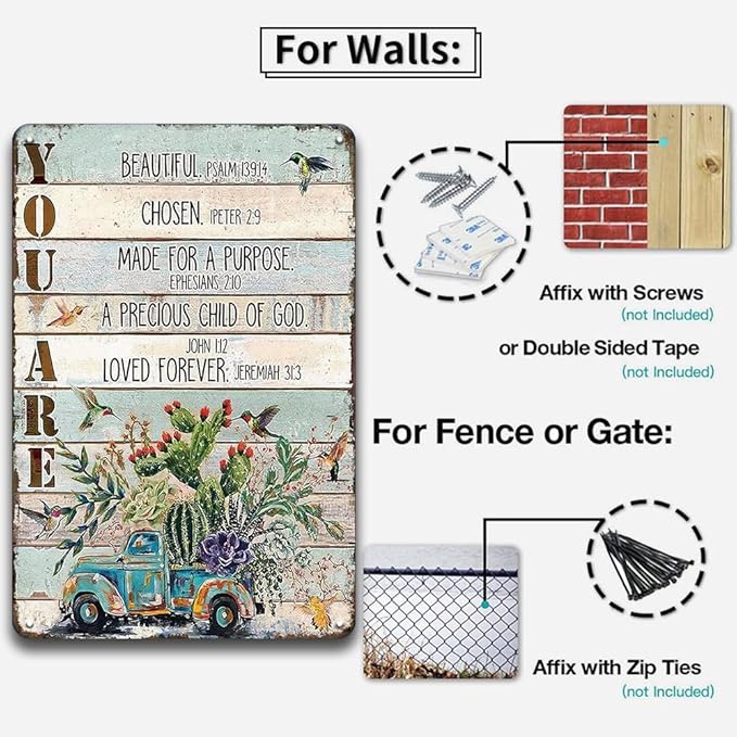 YOYI ART Bible Blessed Signs for Home Decor - Garden Patio Signs for Outside, Cactus Car Bird Vintage Metal Tin Signs for Backyard, Patio, Front Door, Porch, Farm House Wall Art Decor Art, 8 x 12 inch