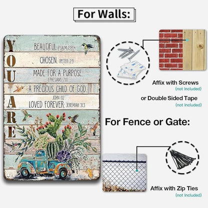 YOYI ART Bible Blessed Signs for Home Decor - Garden Patio Signs for Outside, Cactus Car Bird Vintage Metal Tin Signs for Backyard, Patio, Front Door, Porch, Farm House Wall Art Decor Art, 8 x 12 inch