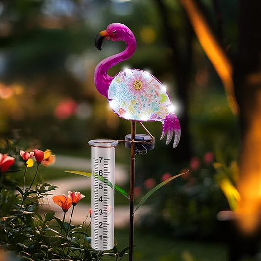 Flamingo Rain Gauge Outdoor - Solar Garden Stake Rain Gauges for Yard with LED Lights & Plastic Measuring Cup for Rain for Lawn, Pathway Decor, Gifts for Wife/Women