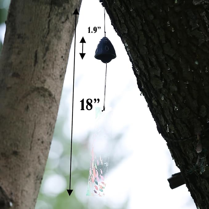 Japanese Wind Chime Cast-Iron Outdoor Ornament for Garden, Patio & Balcony, Hanging Metal Wind-Bell Decoration Gift, Blessing Pendant Windchimes & PVC Wind-Catcher, Blue Water Drops