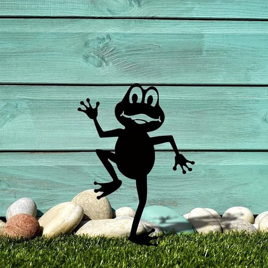 Metal Dancing Frog Silhouettes Garden Decor Frog Fence Topper Garden Statues Stakes Art Metal Yard Garden Decoration, Black