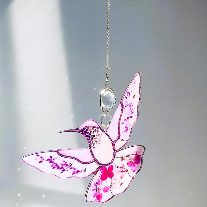 Pink Acrylic Hummingbird Flowers Garden Suncatcher Window Hanging Crystal Prism Rainbow Maker Sun Catcher Ornaments Birthday Christmas Thanksgiving Gifts for Mom Grandma Sister Birds Lovers