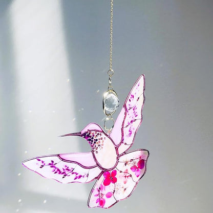 Pink Acrylic Hummingbird Flowers Garden Suncatcher Window Hanging Crystal Prism Rainbow Maker Sun Catcher Ornaments Birthday Christmas Thanksgiving Gifts for Mom Grandma Sister Birds Lovers