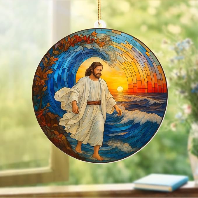 Stained Glass Jesus Walking on Water Christmas Tree Ornament – Acrylic Sun Catcher Window Hanging, Christian Religious Decor, Inspirational Gift for Men & Women, Car Rearview Mirror Charm(Sun-30)