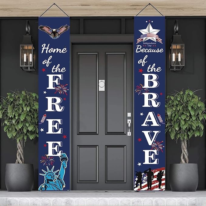 4th of July Patriotic Banner Decor - Independence Day Porch Sign - Memorial Day Hanging Banners Porch Decorations for Front Door Outside Yard Garden Party Supplies