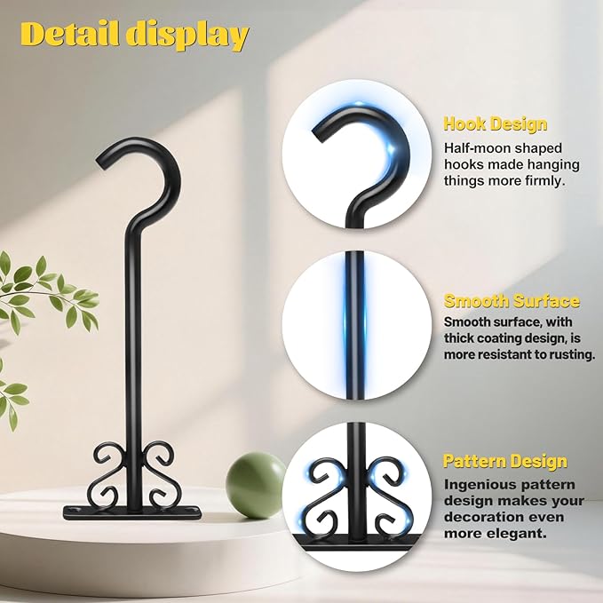 BOLITE Plant Hangers, 8 Inch Plant Hooks for Wall Indoor Outdoor, Metal Hooks for Hanging Hummingbird Feeders, Bird Feeders, Planters, Lanterns, Wind Chimes, 2 Pack, Black, Gifts for Women Men