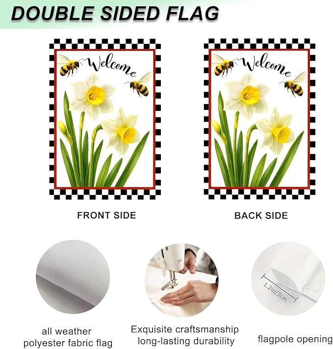 IVN Welcome Garden Flag 12x18 Inch Double Sided Spring Summer Garden Yard Flags White Daffodils Bees Decorative Small Flags for Outdoor Seasonal Front Door Lawn Porch Patio Decor Yard Flag