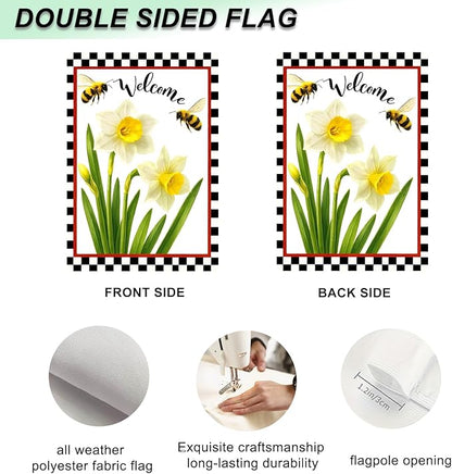 IVN Welcome Garden Flag 12x18 Inch Double Sided Spring Summer Garden Yard Flags White Daffodils Bees Decorative Small Flags for Outdoor Seasonal Front Door Lawn Porch Patio Decor Yard Flag