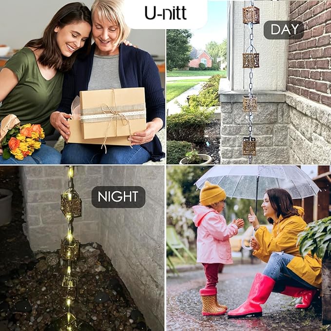 Rain Chain Water Collection for Gutters, Rainwater Catcher & Diverter, 8.5 FT Chains for Outside Garden, Antique Light Up Cups, Roof Downspout, Works with Heavy Rain, w/ Gutter Clip for Rainchains