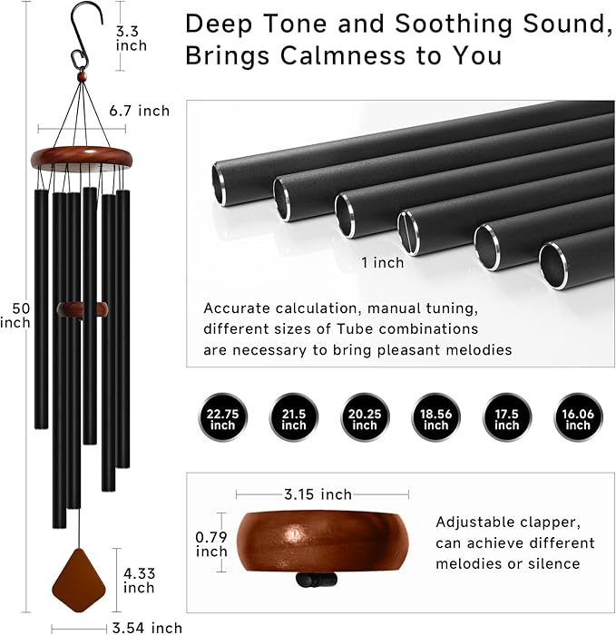 Bursvik 50'' Wind Chimes for Outside Deep Tone, Large Wind Chime, 6 Heavy Duty Tubes Metal Extra Large Wind Chimes Outdoor, Decoration for Garden, Patio, Yard, Gifts for Mother's Day(Rhombus)