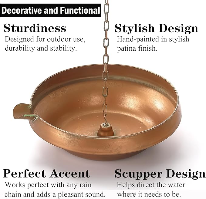 Rain Chain Anchoring Basin, Hand Hammered Bowl for Rain Chain Downspout Gutters, Rain Chain Anchor with S-Hook, Heavy Duty Metal Rain Chain Basin of Chain Display for Outdoor, 12.9" Diameter, 4" High