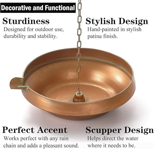 Rain Chain Anchoring Basin, Hand Hammered Bowl for Rain Chain Downspout Gutters, Rain Chain Anchor with S-Hook, Heavy Duty Metal Rain Chain Basin of Chain Display for Outdoor, 12.9" Diameter, 4" High