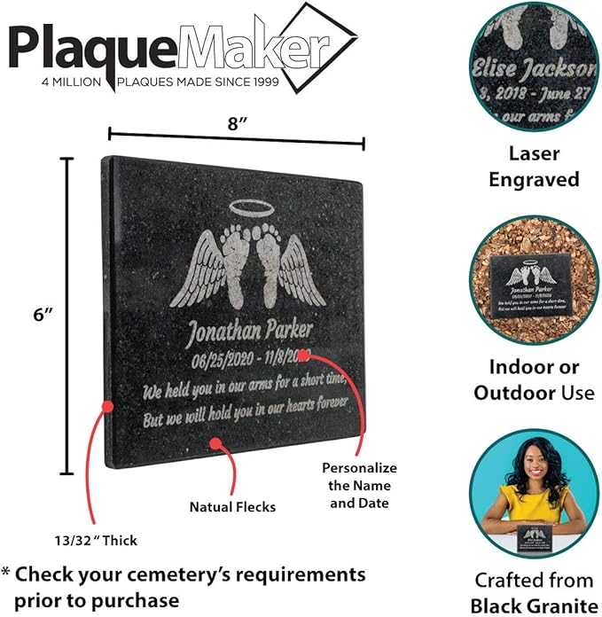 PlaqueMaker Black Granite Memorial Headstone Or Garden Memorial for Lost Infant or Child - Include You Personalized Text. Can be Used as a Sympathy Gift, Garden Stone or Grave Maker (6 x 8 x 0.4)
