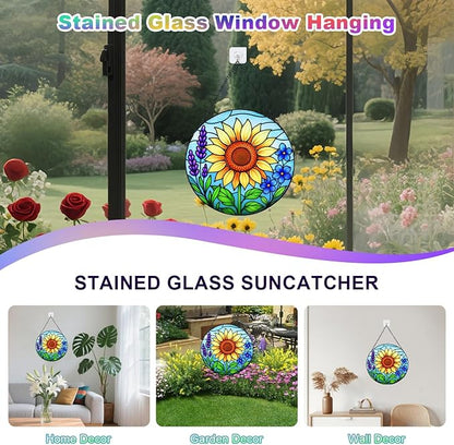 Sunflower Stained Glass Window Hanging – Round Sunflower Suncatcher for Window, Garden or Home Decor – Bright Floral Glass Panel Ornament (12 Inch)