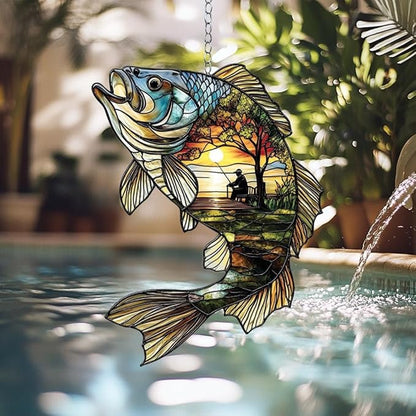 Acrylic Suncatcher Indoor Colorful Window Hanging Ornament Outdoor Sun Catcher Panel for Home Decor Car Garden Crystal Gift Fisherman with Bass Fish Silhouette Suncatcher