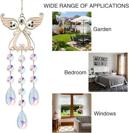Angel Sun Catcher with Crystal, White and Silver, Metal and Crystal, 15 Inch, Hanging Wind Chime Ornament for Windows, Garden, Home Decor, Wedding, Christmas Tree (Green)