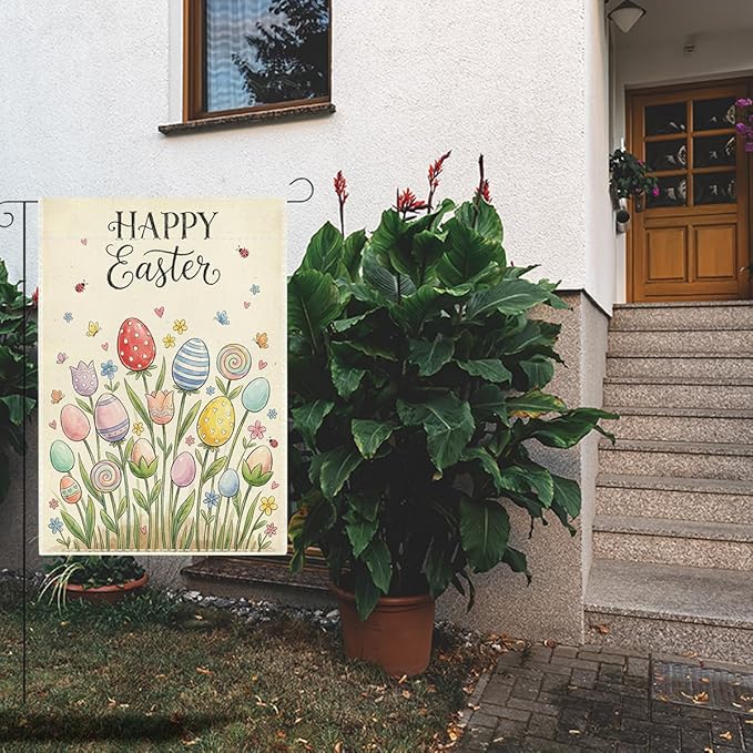 Happy Easter Flower Garden Flag Boho Easter Eggs Garden Flag Decor Spring Double Sided House Flag for Outside Yard Decorations 12×18 Inch