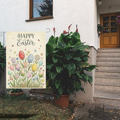 Happy Easter Flower Garden Flag Boho Easter Eggs Garden Flag Decor Spring Double Sided House Flag for Outside Yard Decorations 12×18 Inch