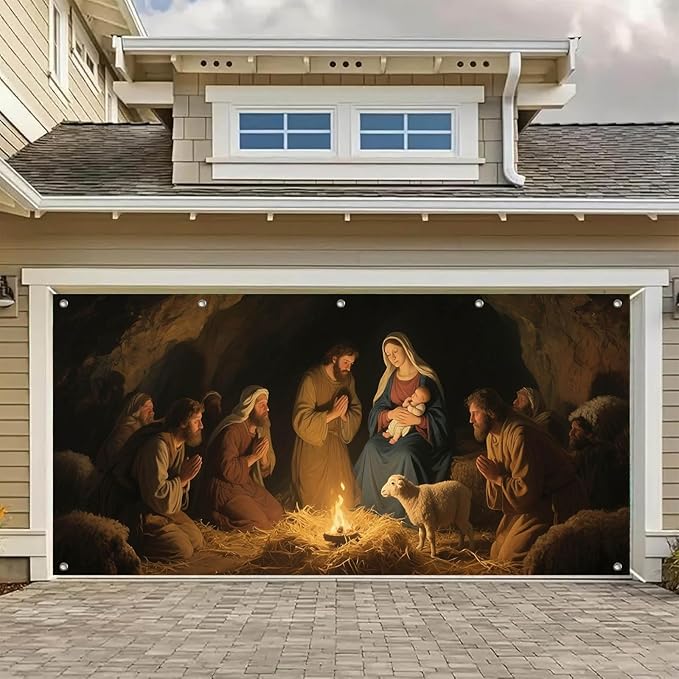 HOMETITUTE 13x6ft Nativity Scene Garage Door Banner Shepherds Adoring Baby Jesus Mary Polyester Large Outdoor Xmas Decoration for Holiday Party Winter Yard Home School Church Community Display