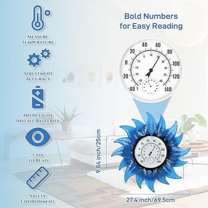 Outdoor Thermometer, Large Thermometer Outdoor Waterproof, Flowers Decorative Outdoor Thermometers for Patio, Outside Thermometer with Humidity
