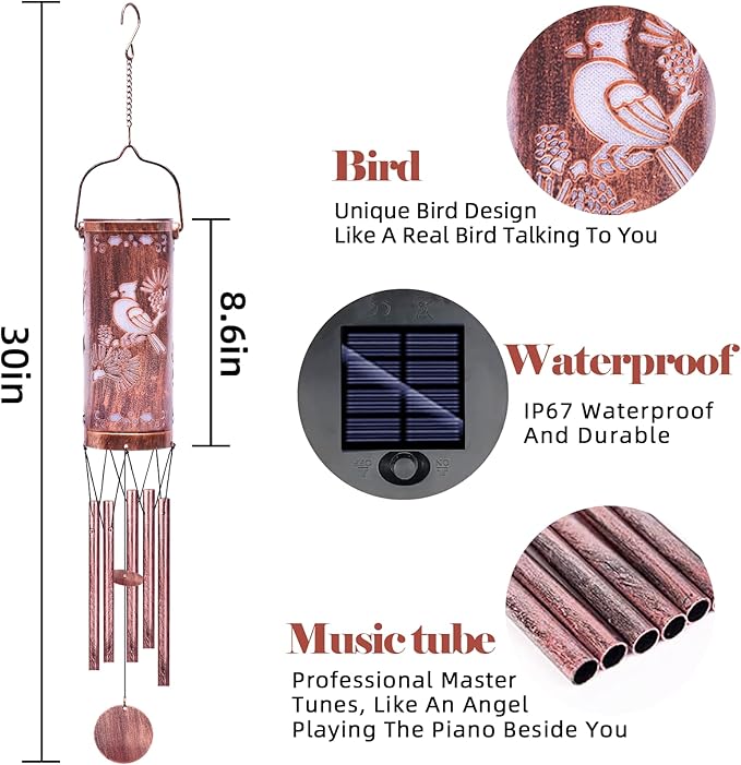 FSVGYY Solar Wind Chimes Hanging Lights Outdoor Metal Wind Chimes Memorial Wind Chime for Garden/Patio Decor Gifts for Women,Grandma,Mom (30" Metal Chimes/Red Bird)