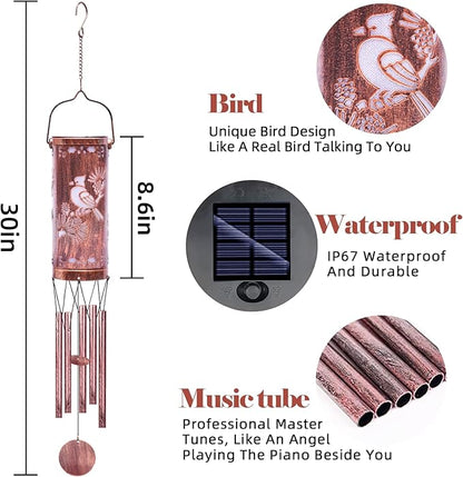 FSVGYY Solar Wind Chimes Hanging Lights Outdoor Metal Wind Chimes Memorial Wind Chime for Garden/Patio Decor Gifts for Women,Grandma,Mom (30" Metal Chimes/Red Bird)