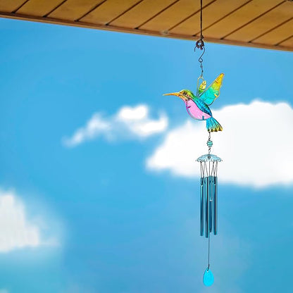 35" Blue Hummingbird Wind Chimes, Indoor Outdoor Glass Painted Mobile Chime for Patio, Balcony, Garden, Yard, or Home Window Decoration, Lifelike Stained Metal Style with Deep Tone Music, Lawn Hanging