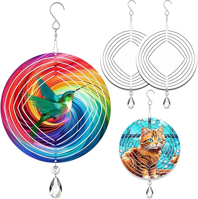 4Pack 8inch Sublimation Wind Spinner Blanks 3D Aluminum Metal Wind Sculpture Kinetic Spinners for Yard and Garden Indoor Art Ornaments Hanging Decoration (Geometric)