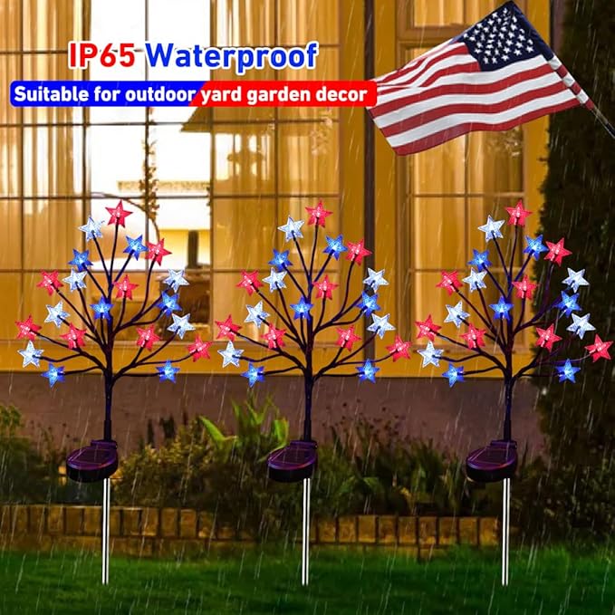 2 Packs Solar 4th of July Decorations Star Stake Lights, Waterproof Outdoor Red White and Blue Star Lights, 20LEDs with 3D Shaped Crystal Star Lights for Yard Garden Pathway Decorations