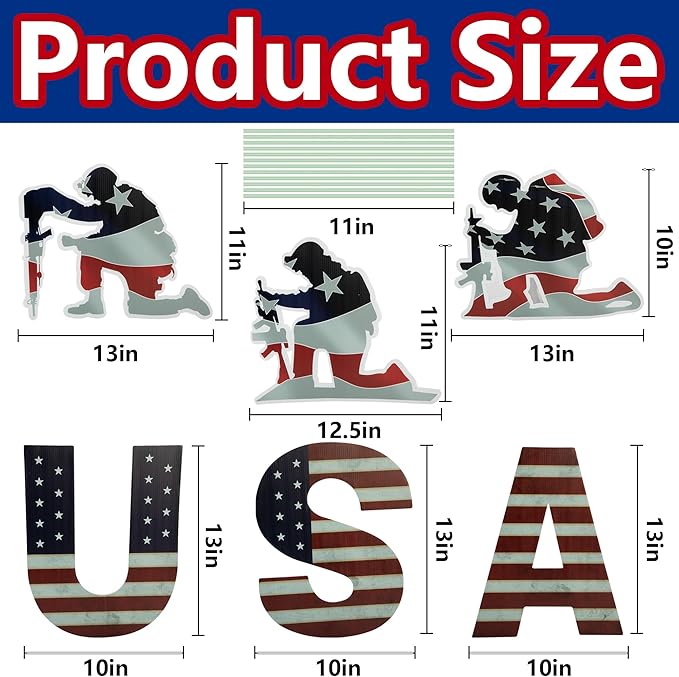 6 Pcs 4th of July Yard Signs Decorations, Independence Day Soldiers and USA Letter Lawn Patio Sign, Memorial Day Decoration Patriotic Lawn Sign with 12 Stakes for Home Garden Pathway Decor