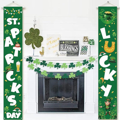 St Patricks Day Porch Decorations - Saint Shamrock Porch Sign Leprechaun Decor - Hanging Banners Decorations for Front Door Outside Yard Garden Party Supplies