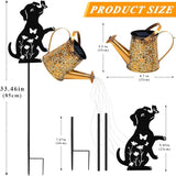 Solar Lights Outdoor Decorative, Watering Can with Cascading Lights, with Dog Silhouette Garden Stakes, Waterproof Metal Garden Decor Mom 2 Pack
