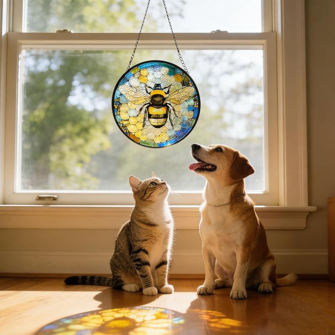 Ice Crack Bee Stained Glass Window Hanging, Bumblebee on Honeycomb Suncatchers for Windows Hanging Ornament for Home, Mother's Day Birthday Gift for Mom Grandma (8""/20cm)