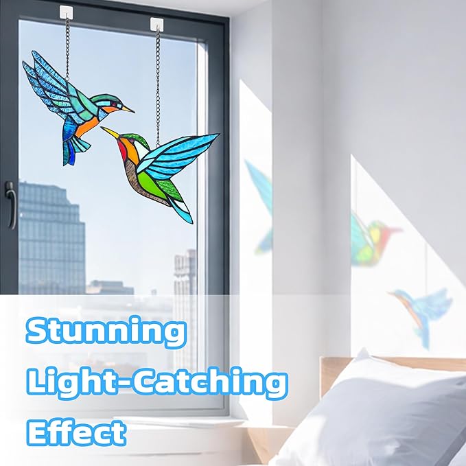 2 Packs Hummingbird Stained Glass Window,Real Handmade Stained Glass Window Hanging,Hummingbird Ornament,Suncatchers Decor for Women Mom Grandma Bird Lovers