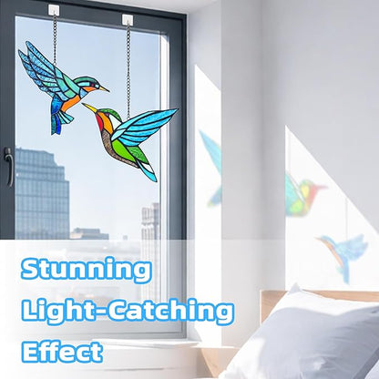 2 Packs Hummingbird Stained Glass Window,Real Handmade Stained Glass Window Hanging,Hummingbird Ornament,Suncatchers Decor for Women Mom Grandma Bird Lovers