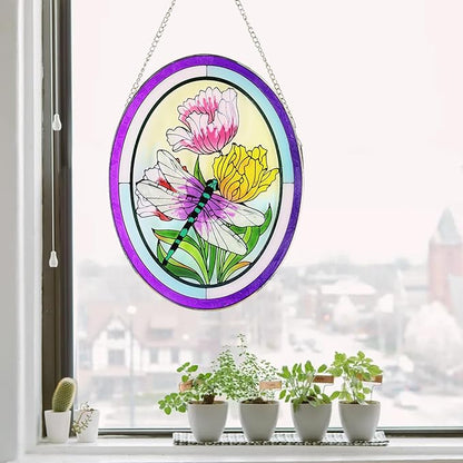 Stained Glass Window Hanging Dragonfly Suncatchers 10 Inch Glass Panel Sun Catchers Window Valentine Wall Art, Stained Glass Dragonfly Light Catchers for Windows Glass Valentine Gift