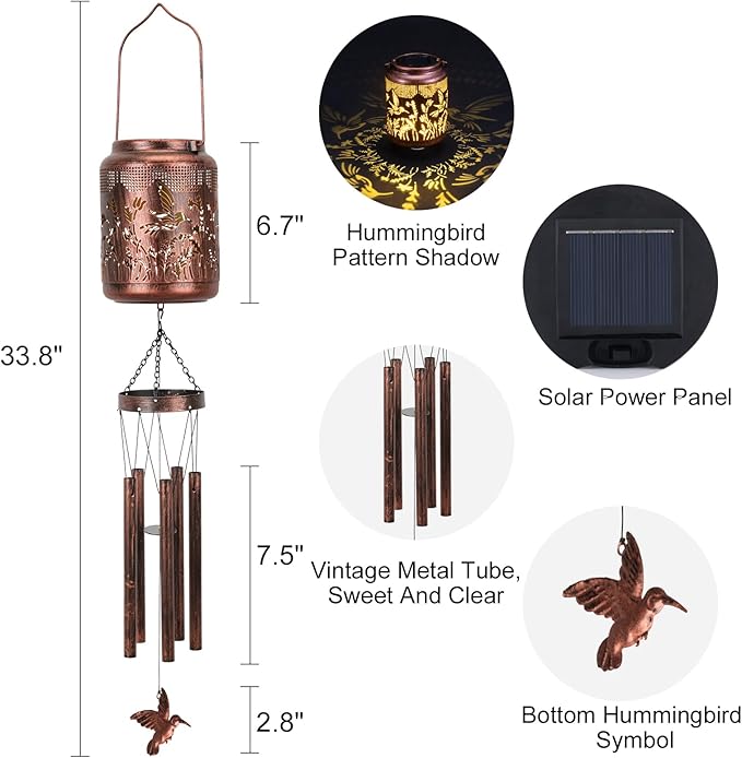 Shumi Hummingbird Wind Chimes for Outside 34" Solar Wind Chimes for Women Men Memorial Gift for Mother Christmas Day Garden Decor Hanging Solar Lantern Outdoors Patio Yard