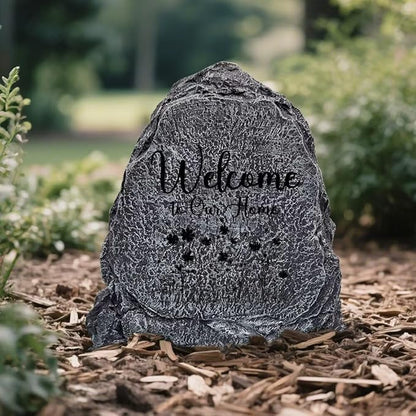 Garden Stone Sculpture with Flowers and Text Welcome to Our Home, Solar Resin Outdoor Sculpture, Suitable As Tomb Decoration for Gardens, Lawns, Cemeteries, Memorial Gifts, Home Decoration