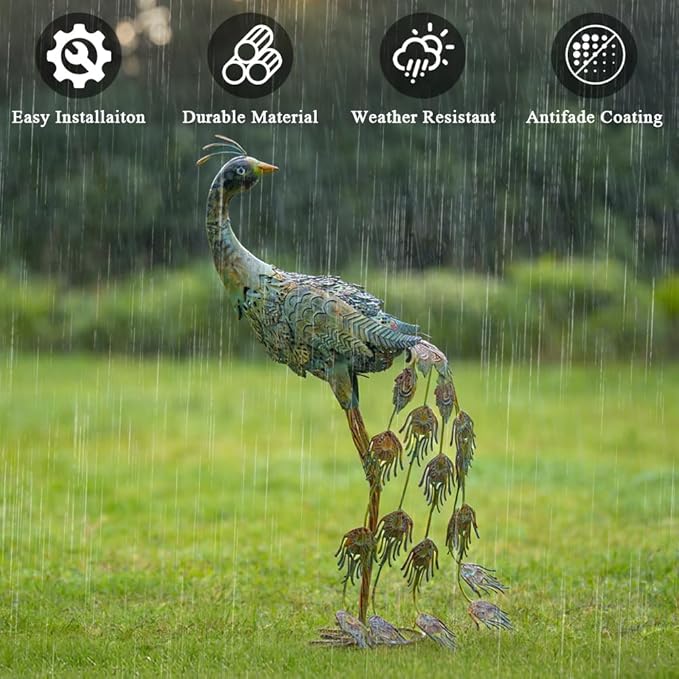 26" Metal Peacock Garden Outdoor Statue Decor, Vintage Yard Art Peacock Sculptures Outside Decoration for Home Patio Lawn Backyard, Gift for Moms Grandma Women
