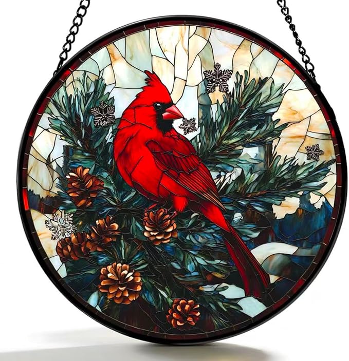 Funoasis Stained Glass Window Hanging 6.3 Inches Suncatcher - A Red Bird Stands On A Pine Tree Covered in Pinecones Ornaments Sun Catcher Home Decor Women Birthday