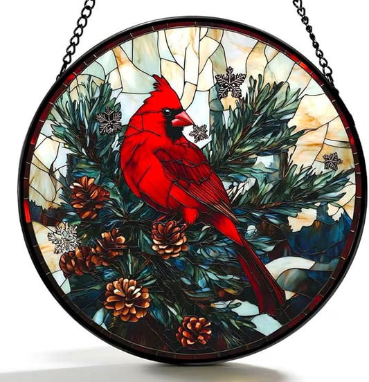 Funoasis Stained Glass Window Hanging 6.3 Inches Suncatcher - A Red Bird Stands On A Pine Tree Covered in Pinecones Ornaments Sun Catcher Home Decor Women Birthday