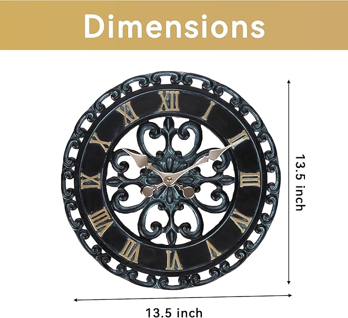Lily's Home Hanging Verdigris Wall Clock, Ideal for Indoor or Outdoor Use, Makes a Great Housewarming Gift, Black (13.5 Inches)
