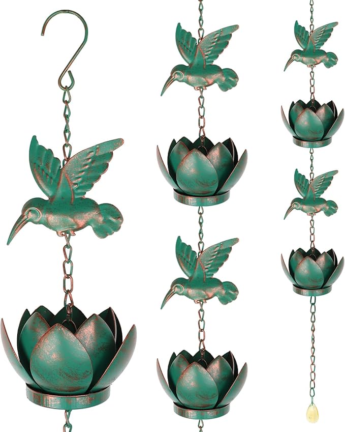 BigKing 7.87FT Lotus and Hummingbird Rain Chains for Gutters - Metal Rain Chains with 6 Cups, Rain Catcher Chain for Outside, Replacement Downspout for Gutters, Eaves, Drainage