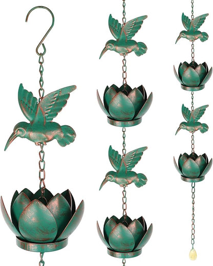 BigKing 7.87FT Lotus and Hummingbird Rain Chains for Gutters - Metal Rain Chains with 6 Cups, Rain Catcher Chain for Outside, Replacement Downspout for Gutters, Eaves, Drainage