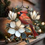 Vivid Cardinal Floral Tiffany Acrylic Suncatcher Stained Glass Effect Window Car Hanging Christmas Ornament Indoor Outdoor Decor Garden Sun Catcher Panel for Cardinal Lover for Women Mom Grandma