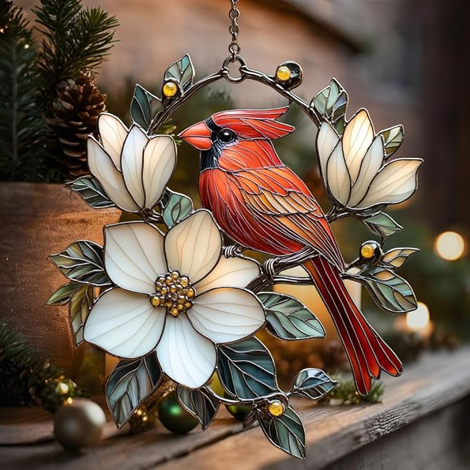 Vivid Cardinal Floral Tiffany Acrylic Suncatcher Stained Glass Effect Window Car Hanging Christmas Ornament Indoor Outdoor Decor Garden Sun Catcher Panel for Cardinal Lover for Women Mom Grandma