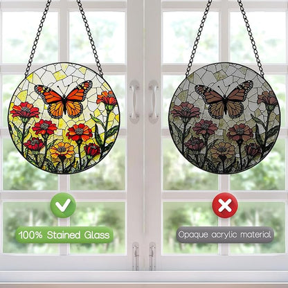 Stained Glass Window Hanging, 8 Inch Monarch Butterfly Suncatcher, Sun Catchers Indoor Window, Orange Wildflowers Suncatchers for Windows Hanging, Spring Home Garden Decor Panel Gifts for Women Mom