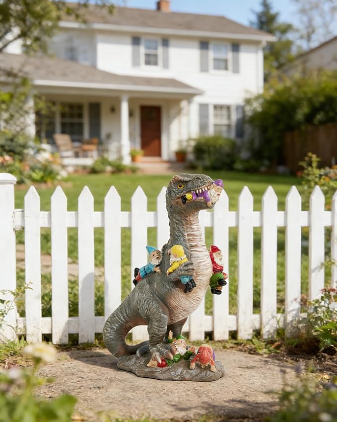 Dinosaur Garden Gnome Statue 12”, Outdoor Yard & Garden Decor, Patio Lawn Decoration, Gardening Gifts for Women, Housewarming Present