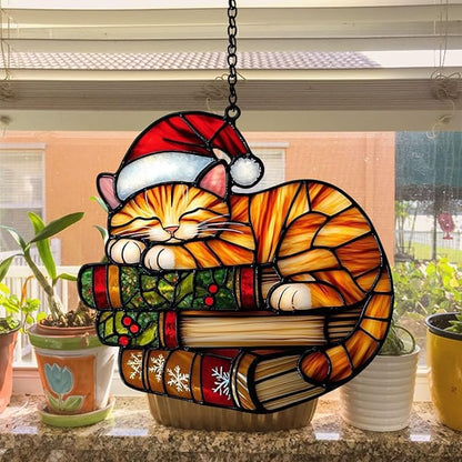Cute Sleeping Cat Santa Claus Hat Acrylic Suncatcher Stained Glass Effect Window Car Hanging Christmas Ornament Indoor Outdoor Decor Garden Sun Catcher Panel Gifts for Cat Lover for Women Mom Grandma